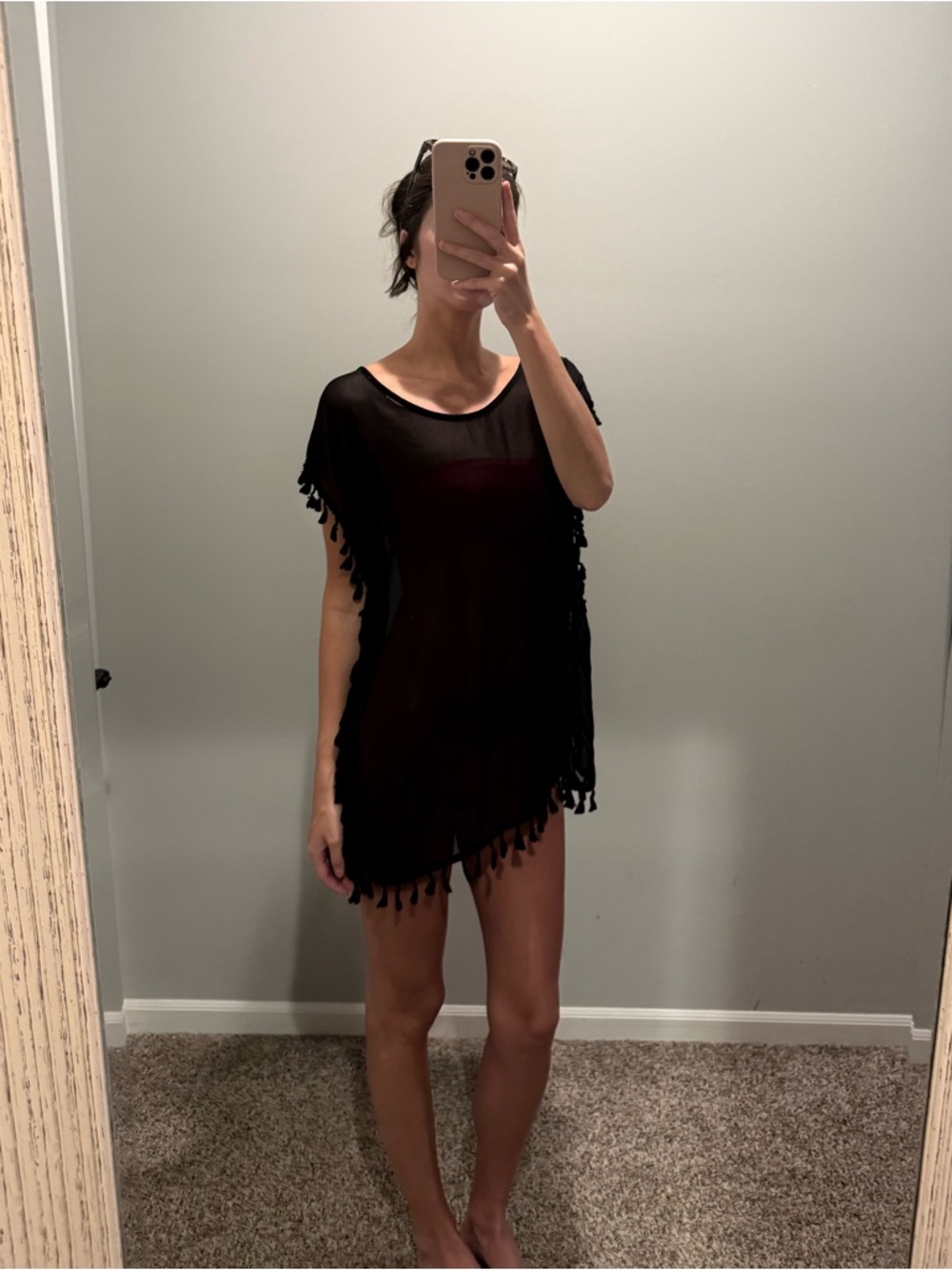 Women's Black Sheer Fringe Swim Cover-Up